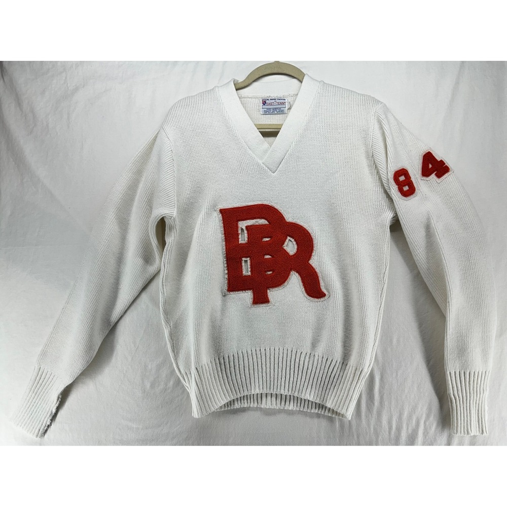 Vintage East Tenn Letterman Sweater White V-Neck Varsity Red Patch B R 84 Small